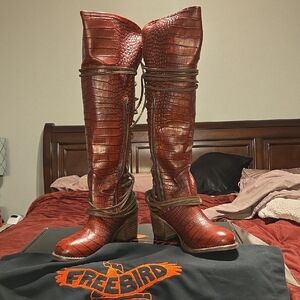 Freebird Red Croc-Embossed Knee-High Boots
